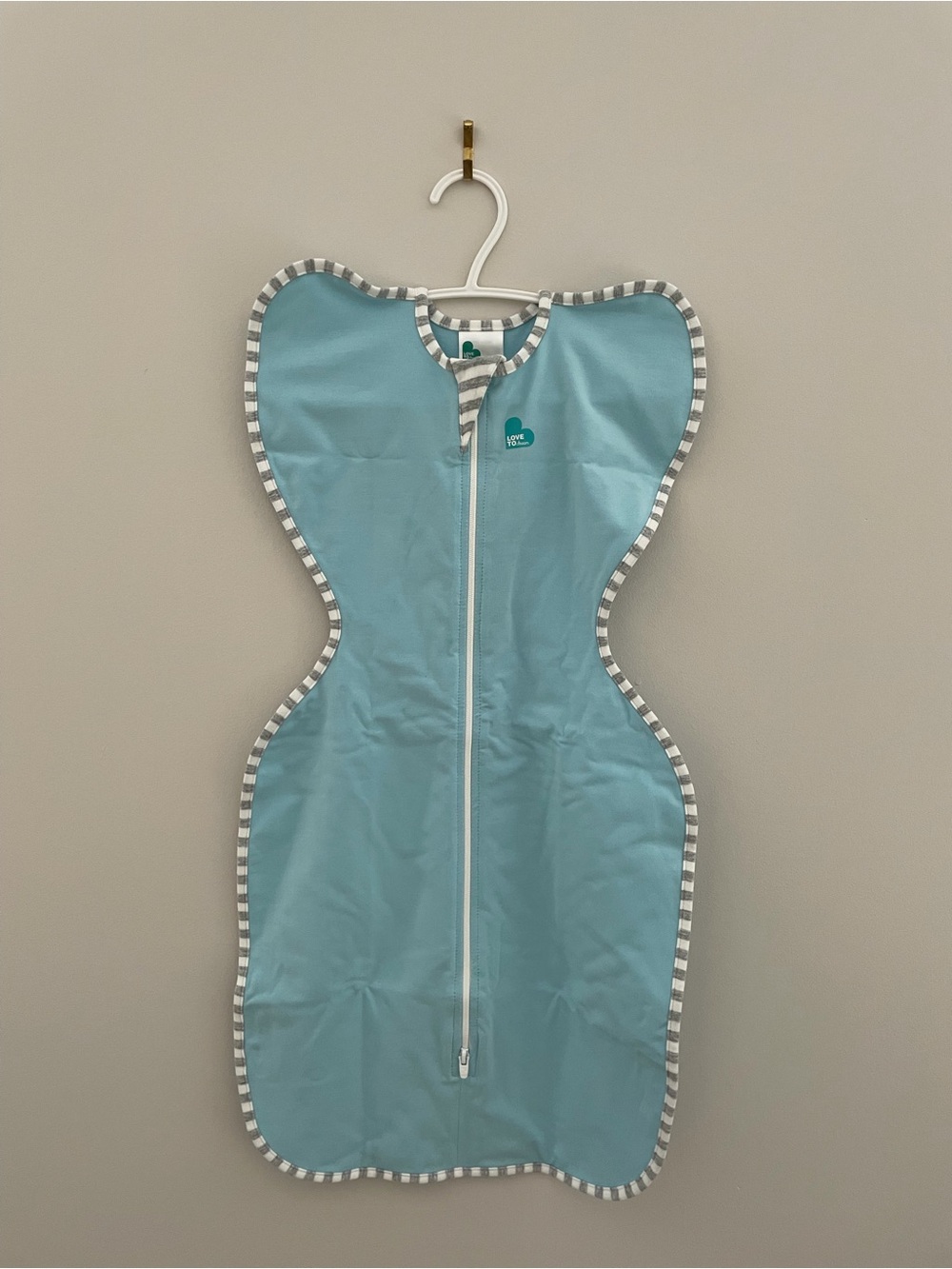 (NWOT) Love to Dream Blue Zip Swaddle with Striped Trim